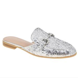 NEW BCBG Zorie Sparkle Loafer Slip On Sandal Silver Horsebit Size 8